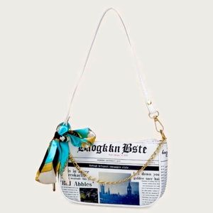 Twilly Scarf With Newspaper Pattern Baguette Bag